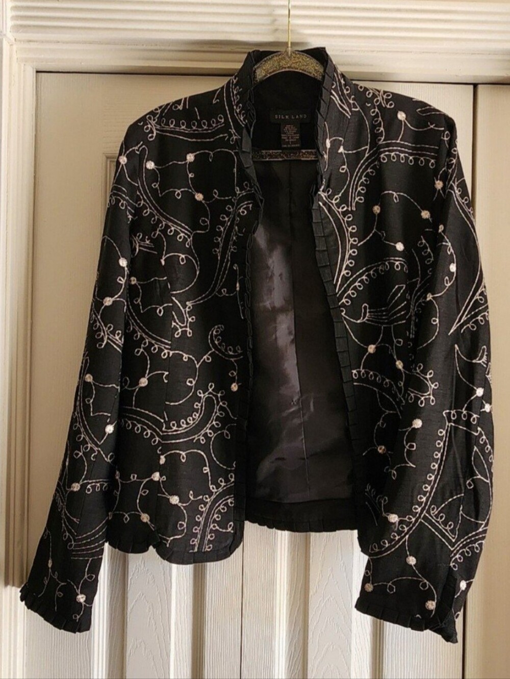 Silkland Embroidered Silk Bomber Style Jacket Ruffle 90s Artsy Boho Chic Large - Picture 1 of 9
